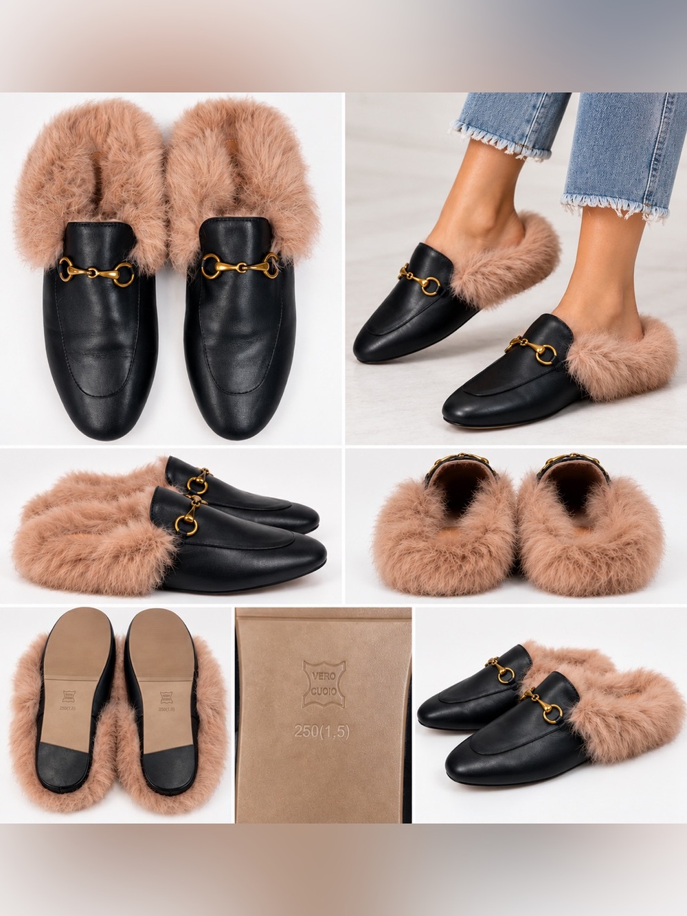 Real Fur Black Leather Horsebit Mule Loafers Gold Hardware Size 8.5 39.5